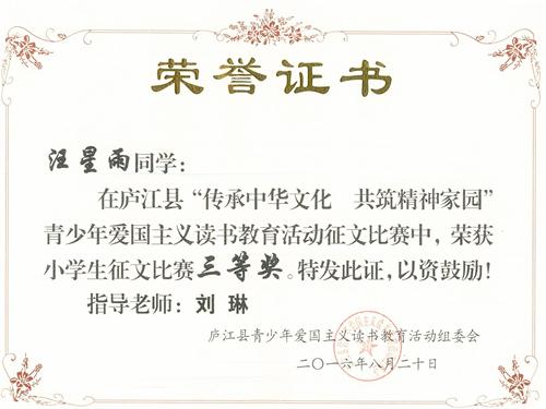 城南小学参加庐江县“传承中华文明,共筑精神家园”爱国主义读书征文活动荣誉证书